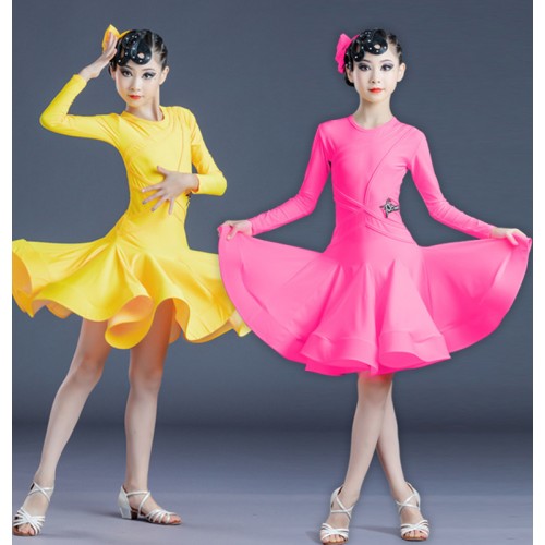 Girls yellow hot pink competition latin dance dresses stage performance latin dance skirts ballroom dance dress for kids 